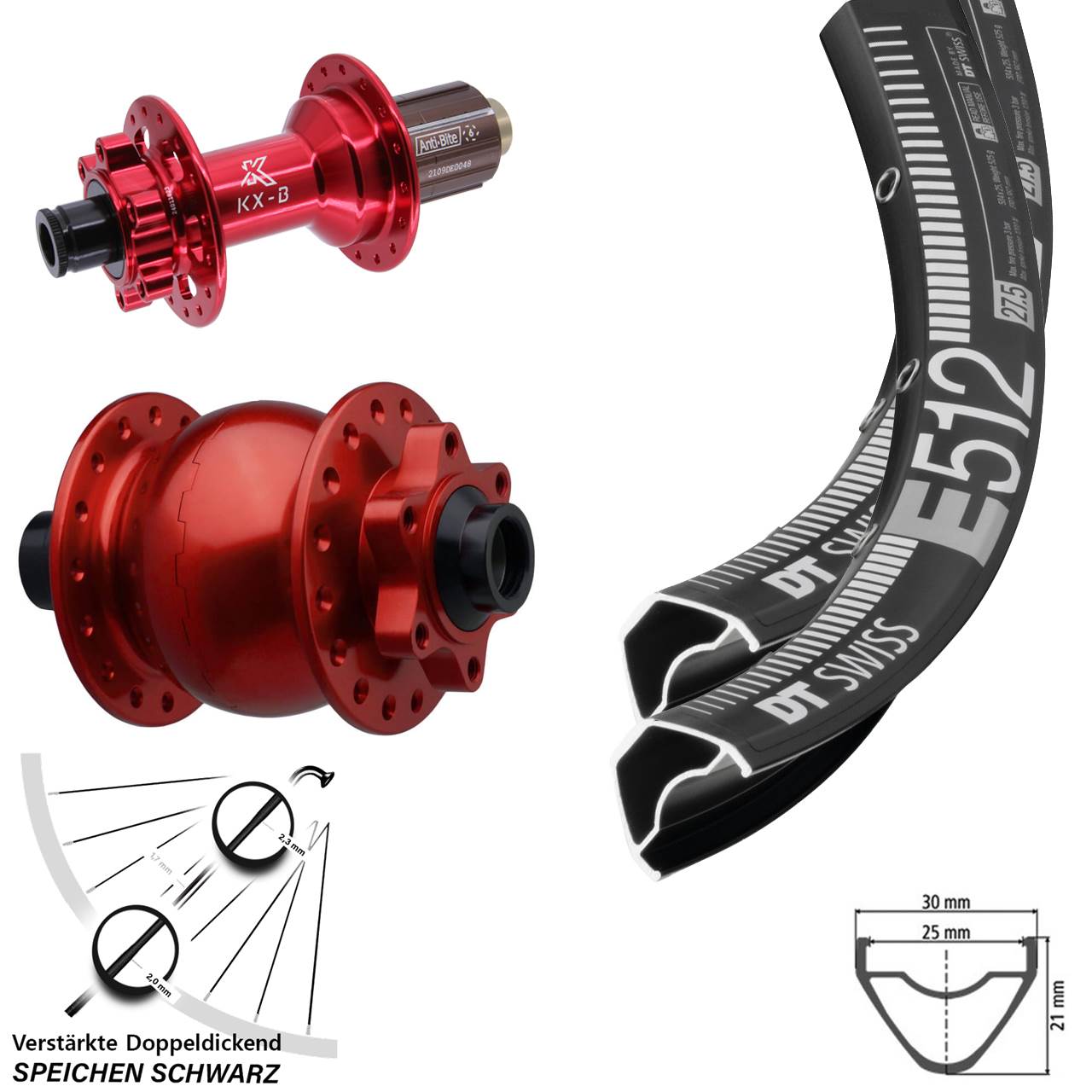 6-Loch Laufradsatz 27,5 Zoll DT Swiss E512 KX-B rot SON 28 8-12 fach 15x110 12x148