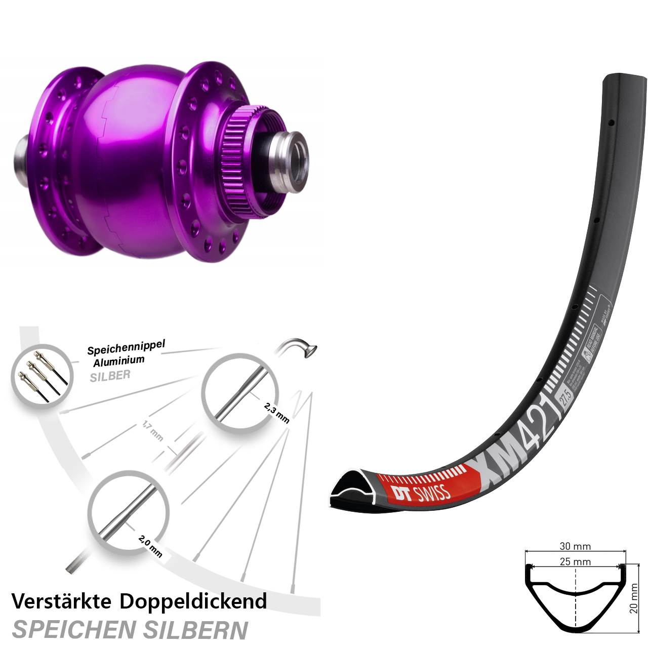 Centerlock Vorderrad mit Dynamo 29 Zoll DT Swiss XM 421 SON 28 violett 12x100