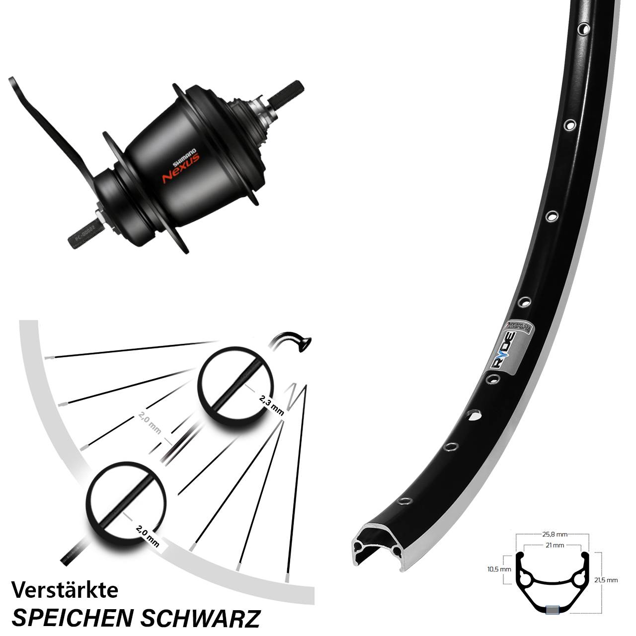 26 Zoll Hinterrad Ryde Zac 421 Shimano Nexus SG-C3001 7 Gang Rücktritt schwarz