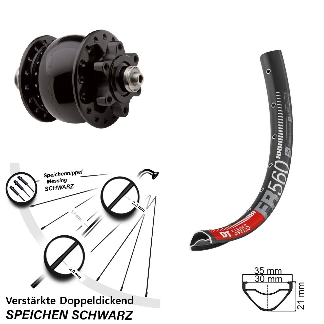 Disc Laufrad mit Nabendynamo 26 Zoll DT Swiss FR 560 SON 28 für Schnellspanner