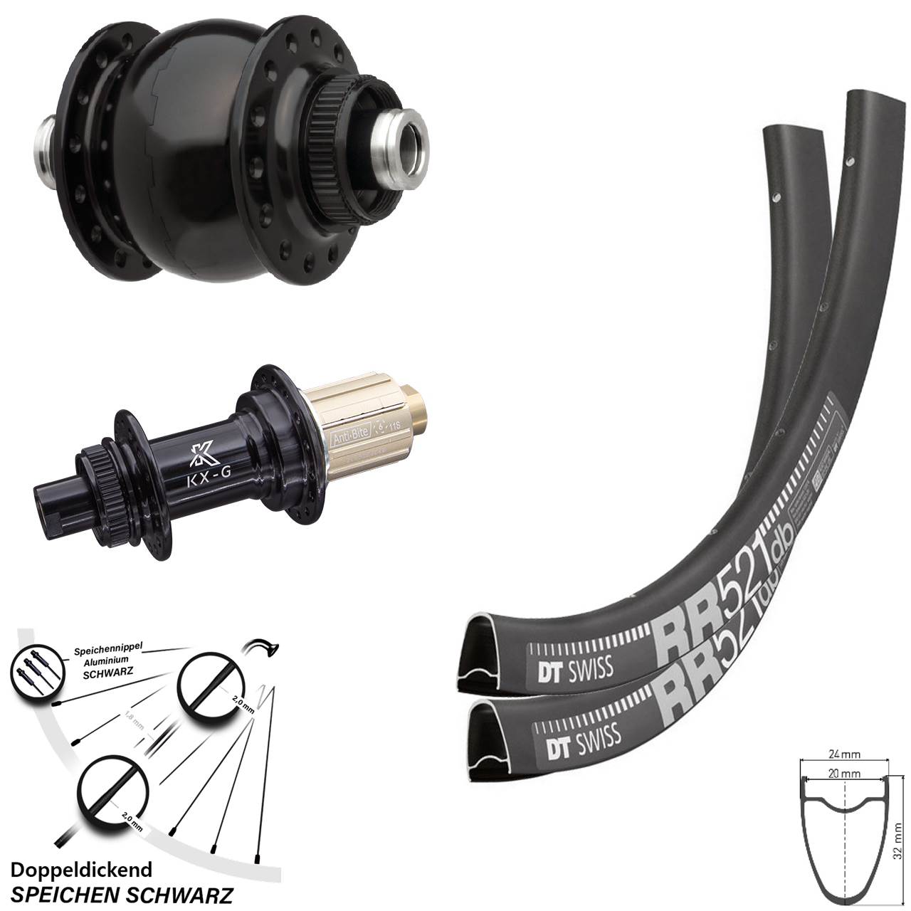 DT Swiss RR 521 Laufradsatz 28 Zoll Nabe KX-G 11-fach Dynamo SON Centerlock