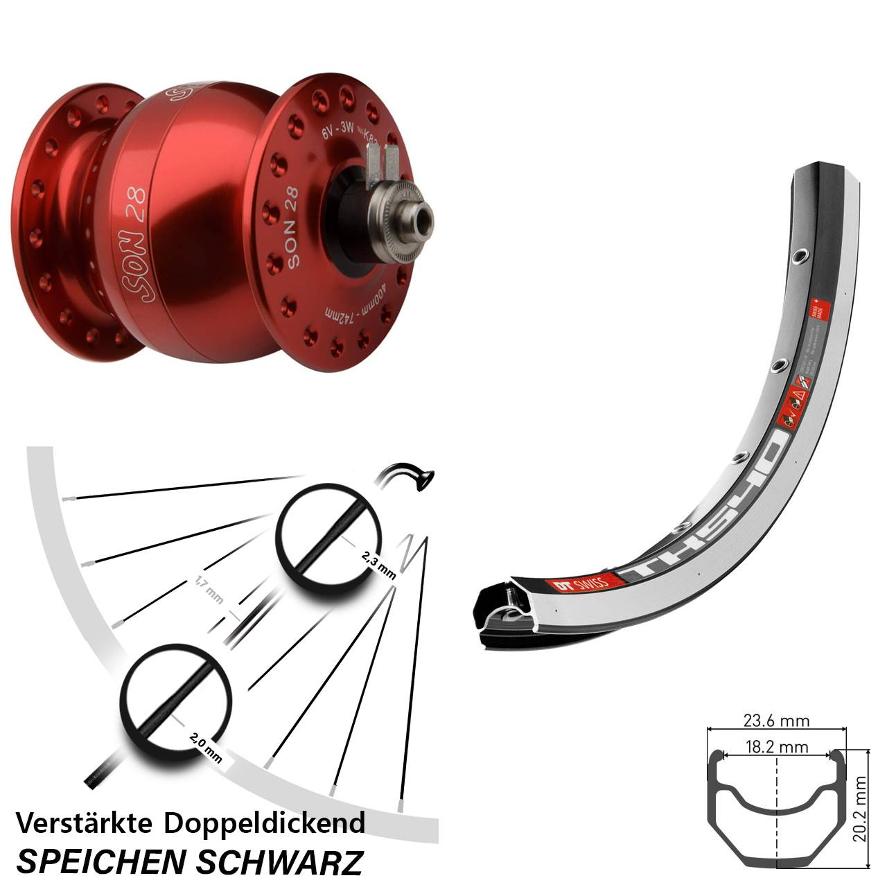 DT Swiss TK540 roter SON 28 Zoll Vorderrad mit Nabendynamo QR