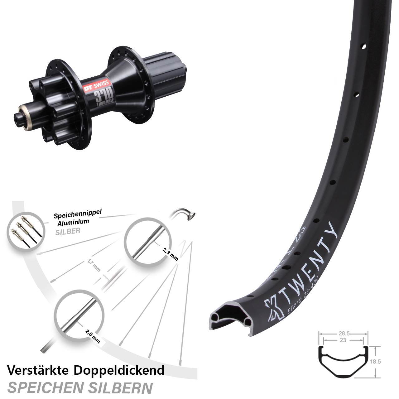 6-Loch Hinterrad 20 Zoll KX Twenty DT Swiss 370 8-11 fach HG für Schnellspanner