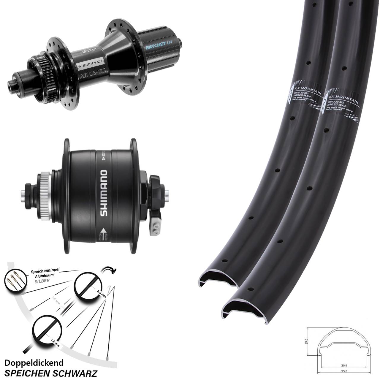 Disc Laufrad-Satz QR 29 Zoll KX Mountain TR DT Swiss 370 Hybrid Shimano DH-3D37 8-11 fach