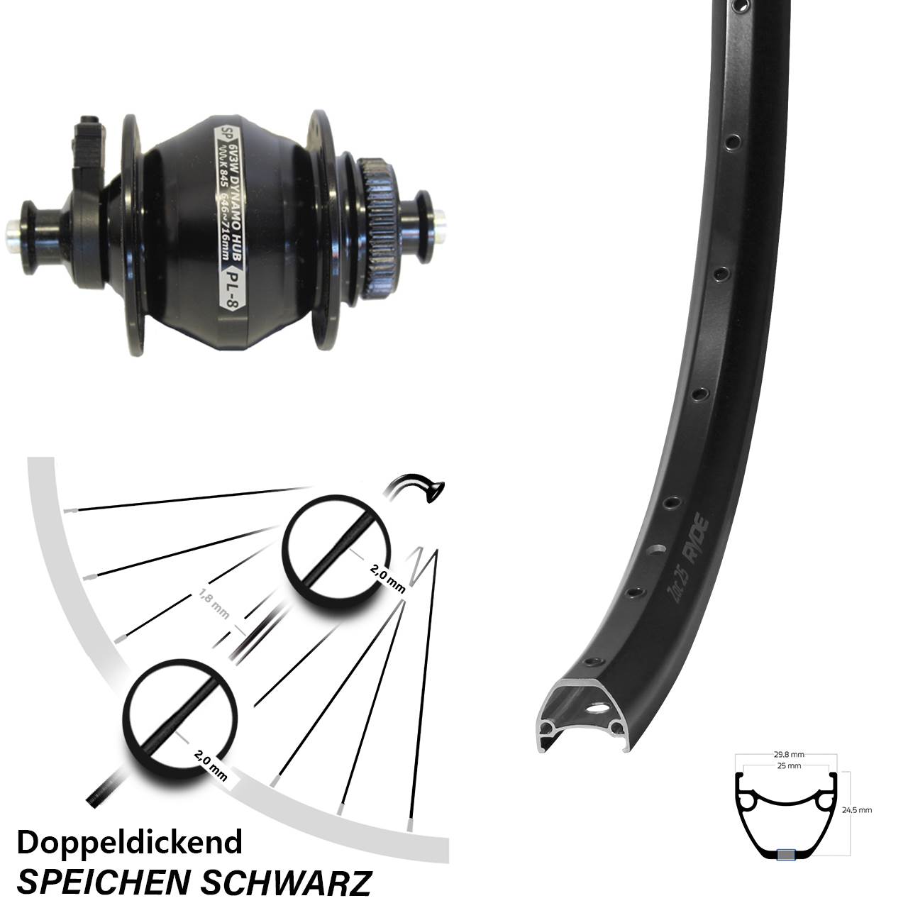 Centerlock Dynamo-Vorderrad für Schnellspanner 28-29 Zoll Ryde ZAC 25 Shutter PL-8