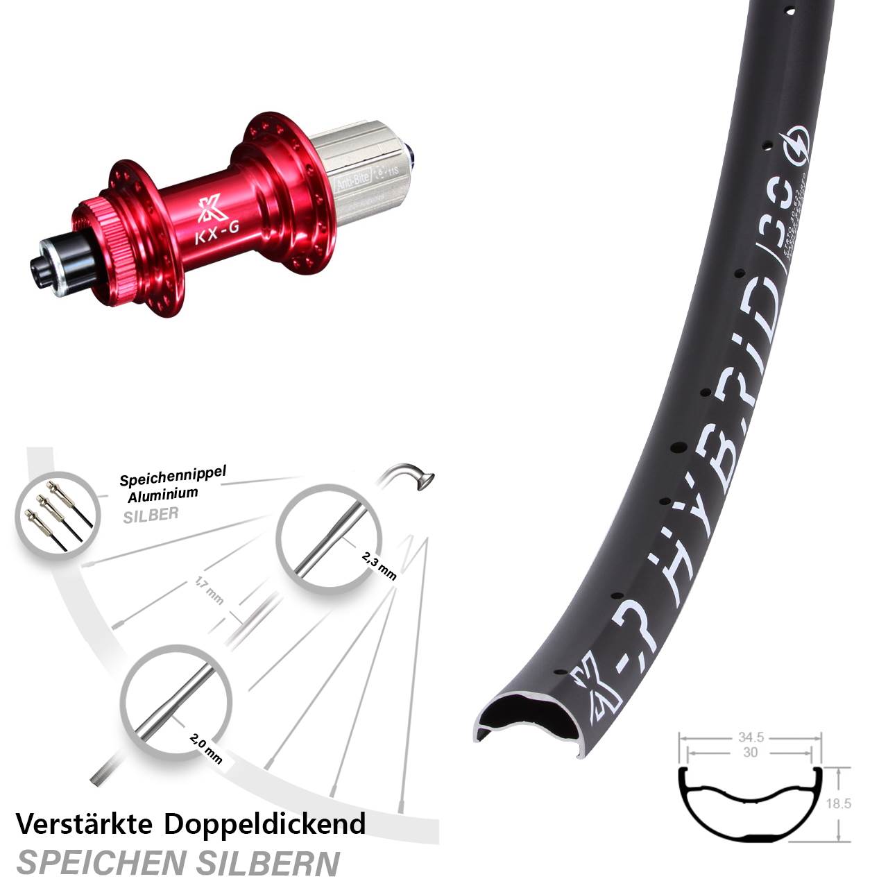 Centerlock Hinterrad für Schnellspanner 29 Zoll KX-GR Hybrid 30 rot 8-12 fach
