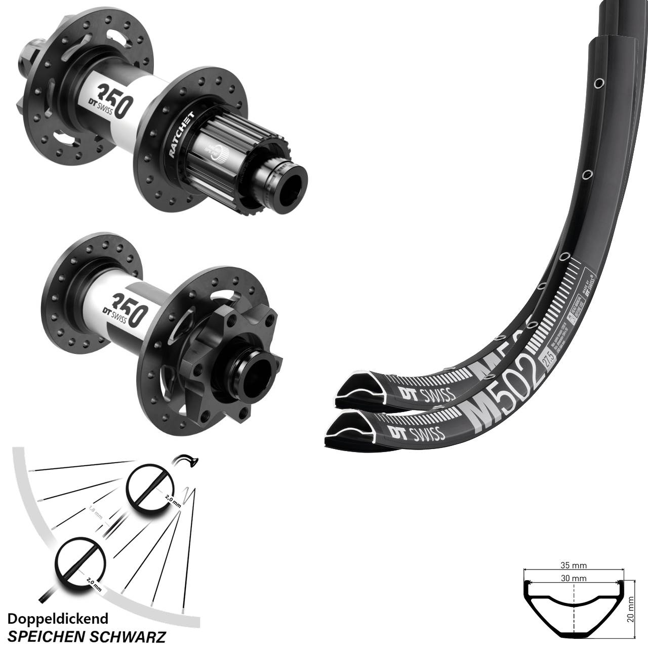 29 Zoll M 502 DT Swiss 350 Ratchet 36 Boost 6-Loch Laufradsatz Micro Spline