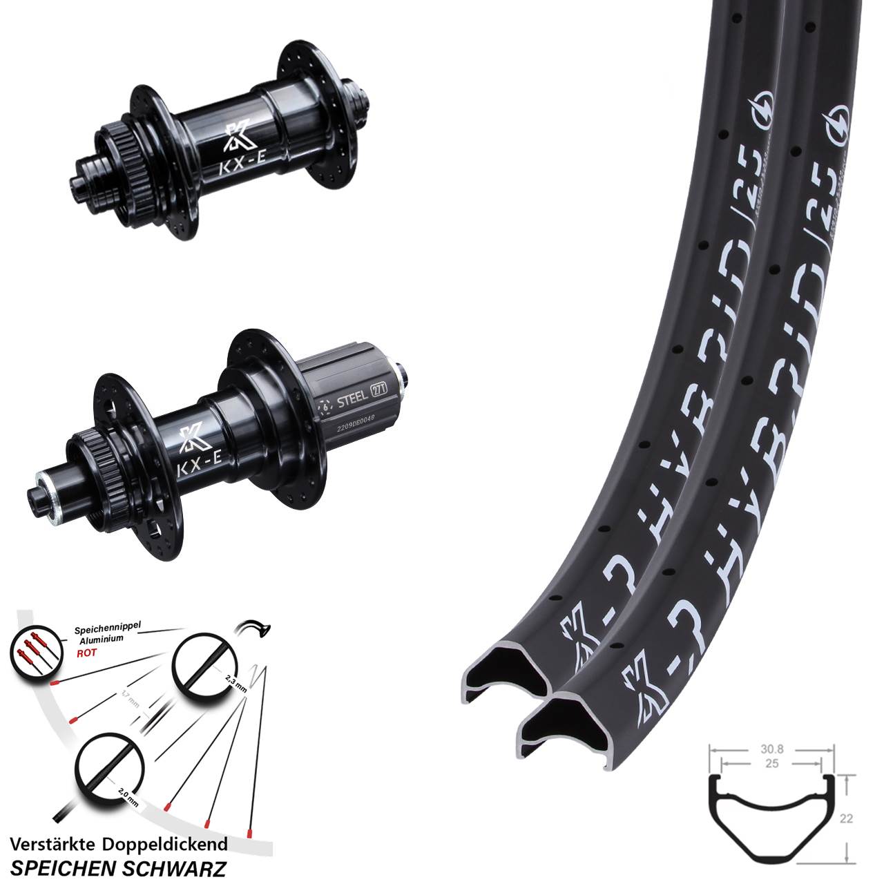 26 Zoll E-Bike Laufradsatz KX-ER Hybrid 25 Schnellspanner verstärkt Centerlock 8-12 fach