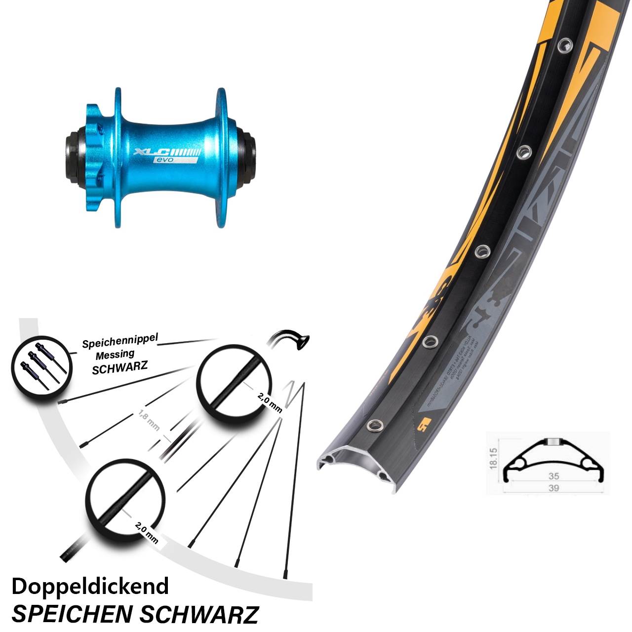 27,5 Zoll Rodi TRYP 35 XLC blau Disc Vorderrad 15x100
