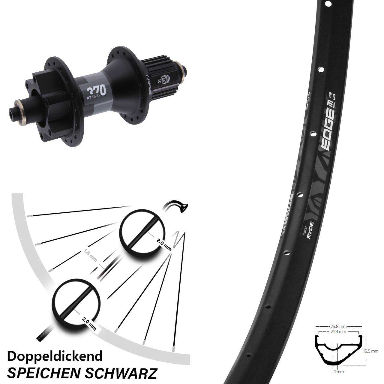 28-29 Zoll Ryde Edge M22 OS DT Swiss 370 Disc Laufrad für Schnellspanner Micro Spline