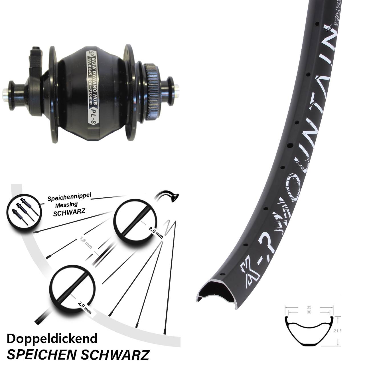 Nabendynamo-Vorderrad Centerlock 29 Zoll KX-R Mountain Shutter PL-8 QR