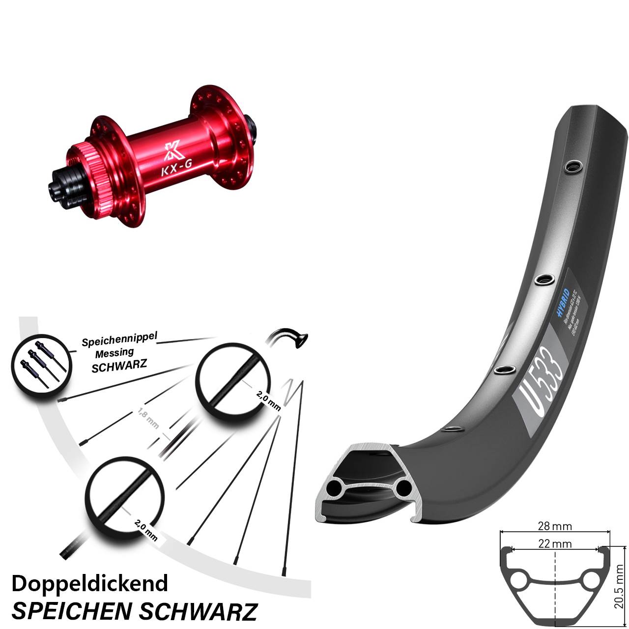 Disc Vorderrad 27,5 Zoll DT Swiss U533 KX-G rot für Schnellspanner