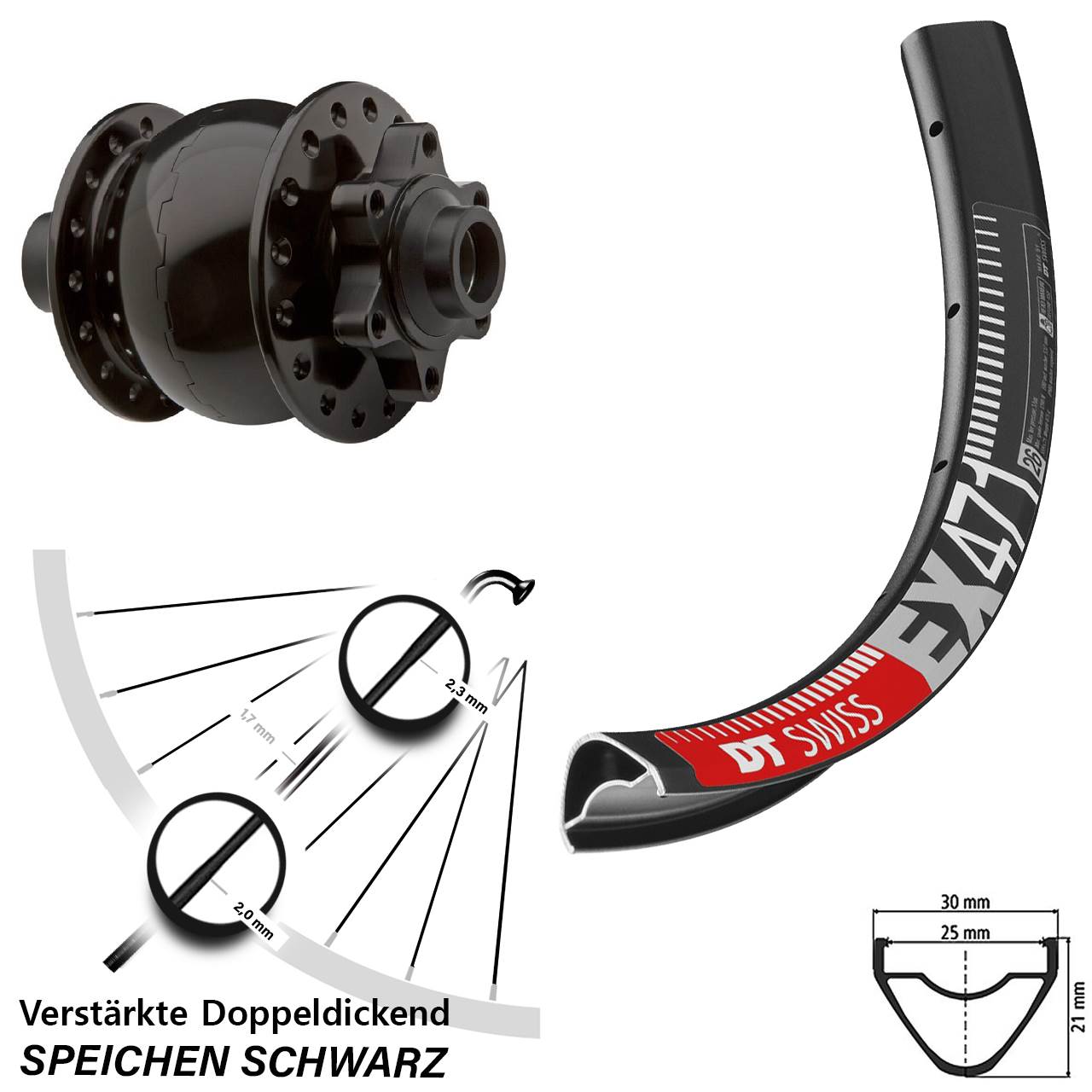 Nabendynamo Vorderrad Son 28-15x100 6-Loch DT Swiss EX 471 29 Zoll