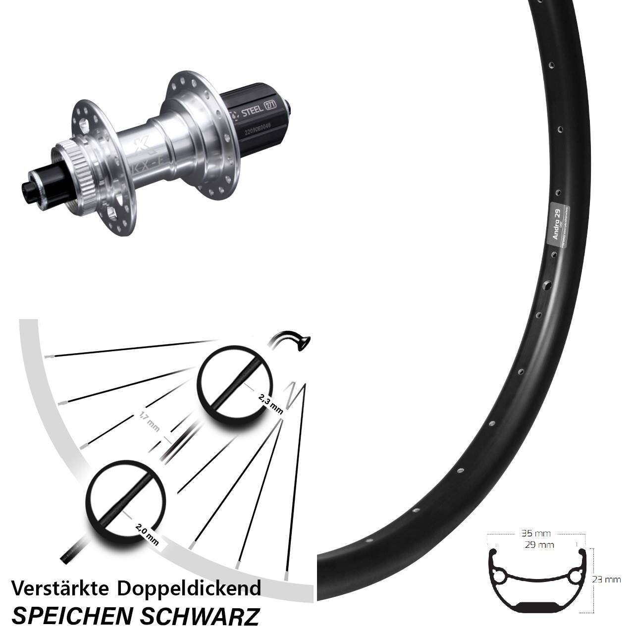 20 Zoll Ryde Andra 29 KX-E verstärkt Hinterrad Centerlock für Schnellspanner 8-12 fach HG