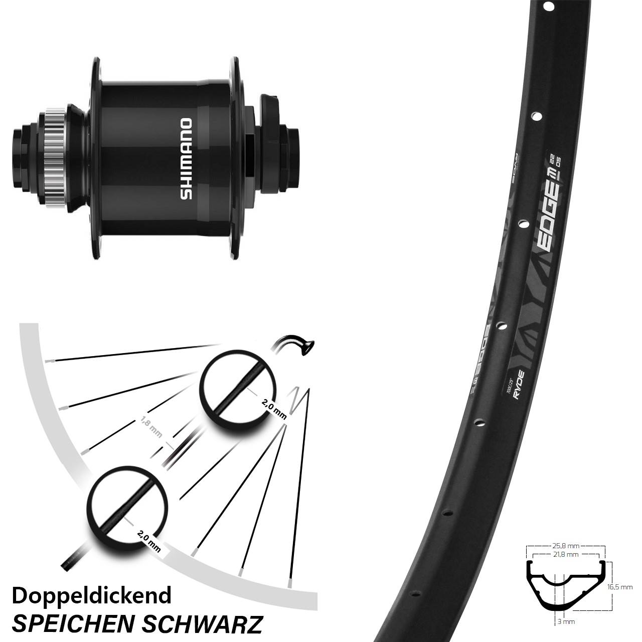 Nabendynamo-Vorderrad Centerlock 28 Zoll Ryde Edge M22 Shimano DH-UR708-3D 15x100