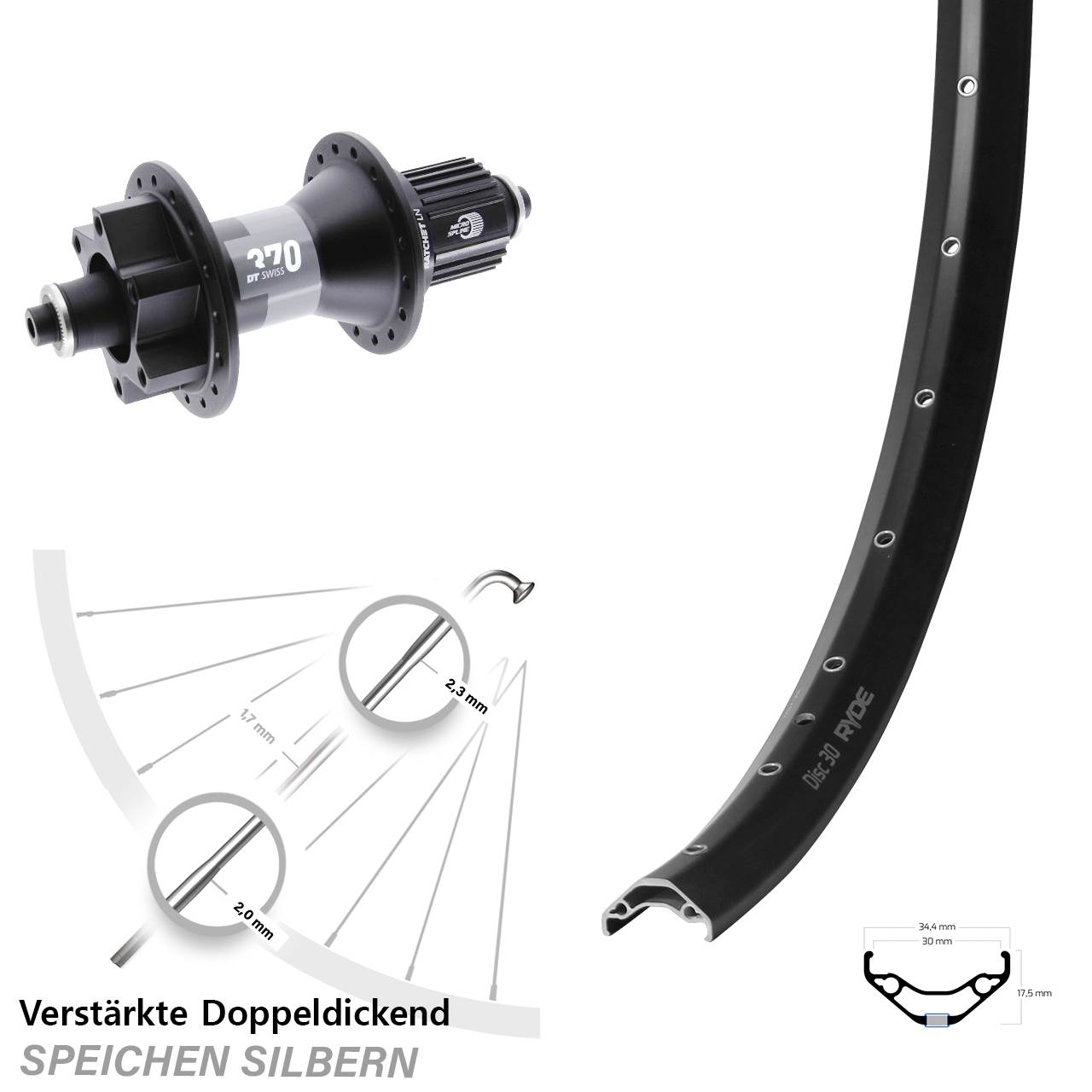 Hinterrad 6-Loch QR 29 Zoll Ryde Disc 30 DT Swiss 370 Micro Spline