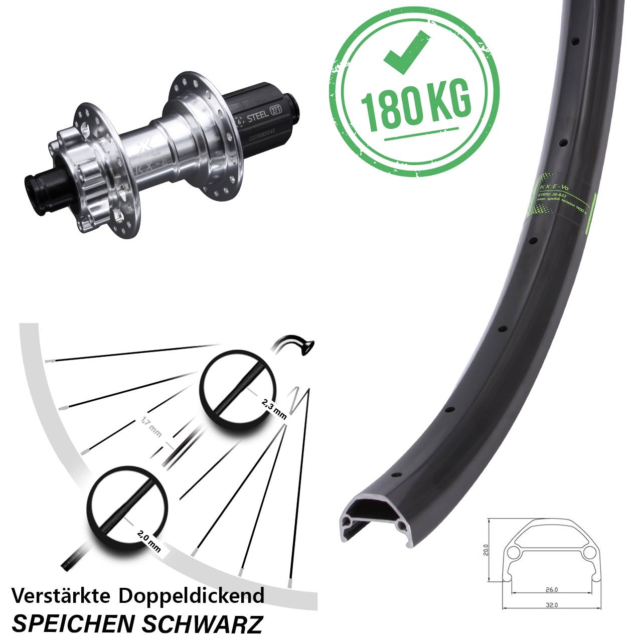 KX-Evo Hinterrad 26 Zoll 12x142 mm 6-loch 11-fach Nabe silbern E-Bike