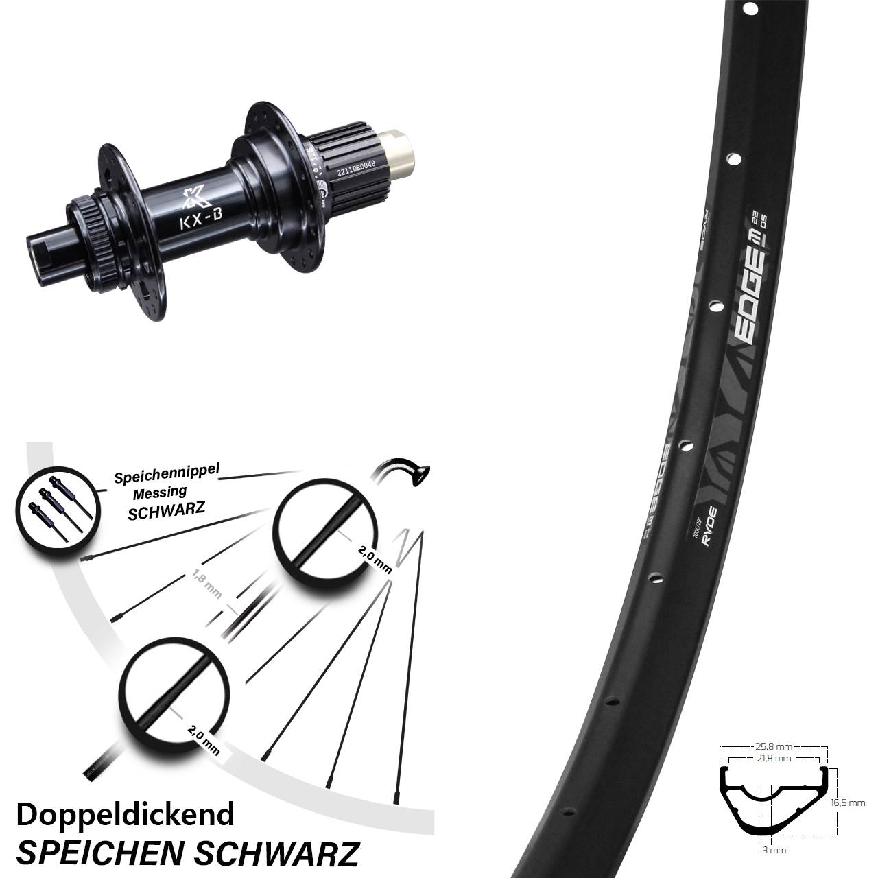 Ryde Edge M22 leichtes Hinterrad 29 Zoll KX-B Boost 12x148 mm Centerlock Micro Spline