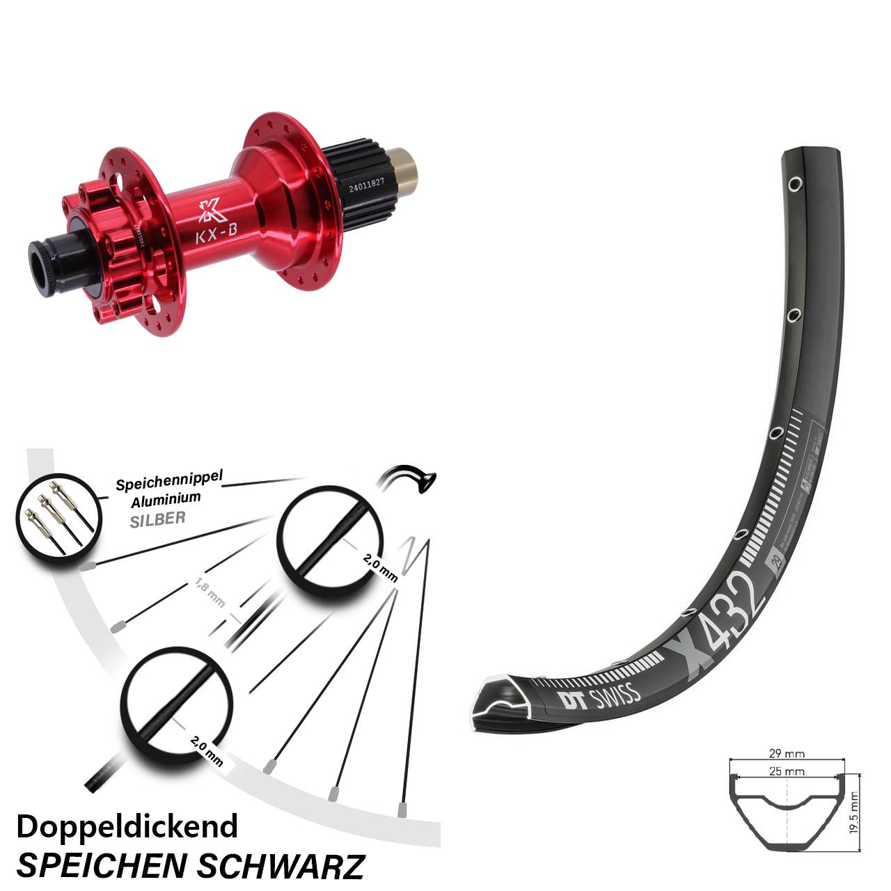 DT Swiss X 432 29 Zoll Hinterrad KX-B rot Micro Spline Boost