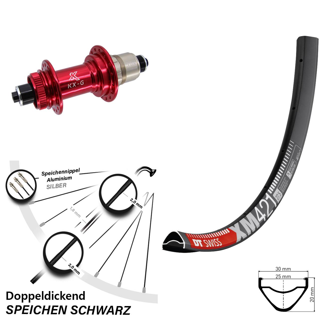 Centerlock Hinterrad 650B DT Swiss XM 421 KX-G rot XD-R für Schnellspanner