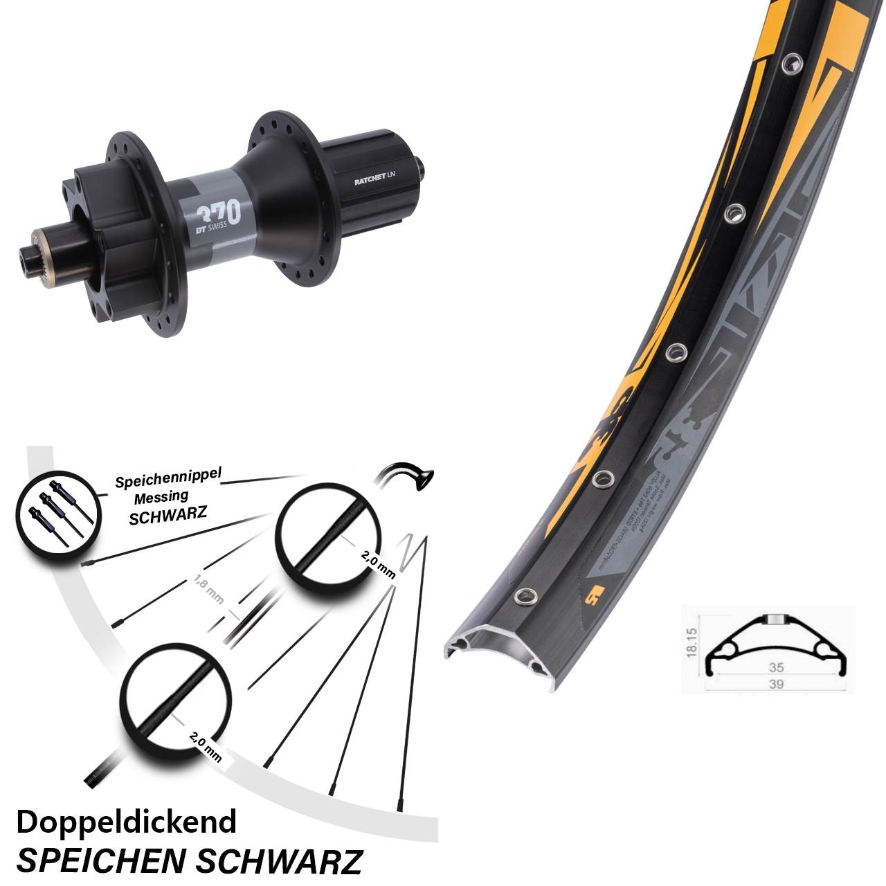 Hinterrad 6-Loch 27,5 Zoll Rodi TRYP 35 DT Swiss 370 8-11 fach HG für Schnellspanner