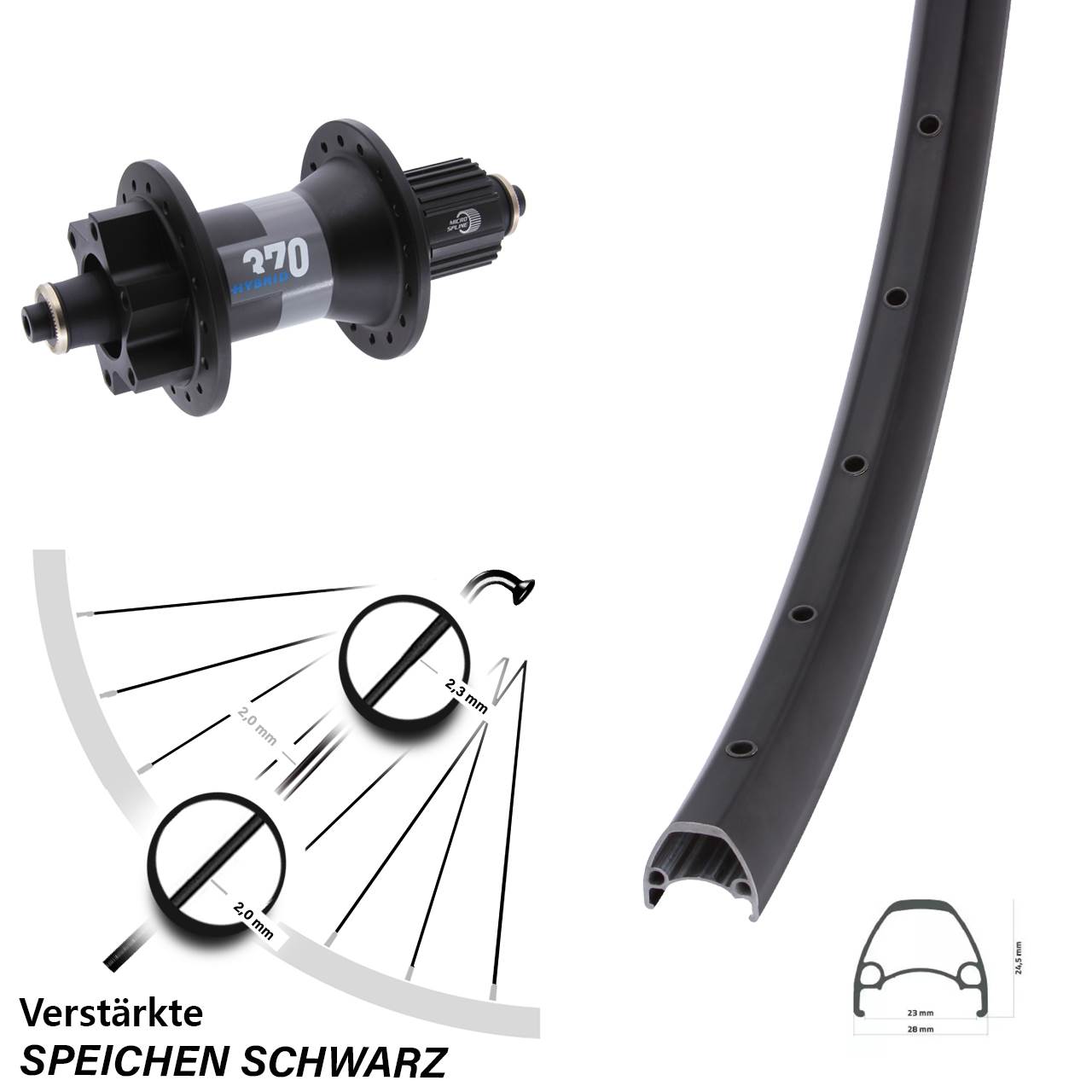 Ambrosio Sport DT Swiss 370 Hybrid 28 Zoll 6-Loch Hinterrad QR Boost Micro Spline