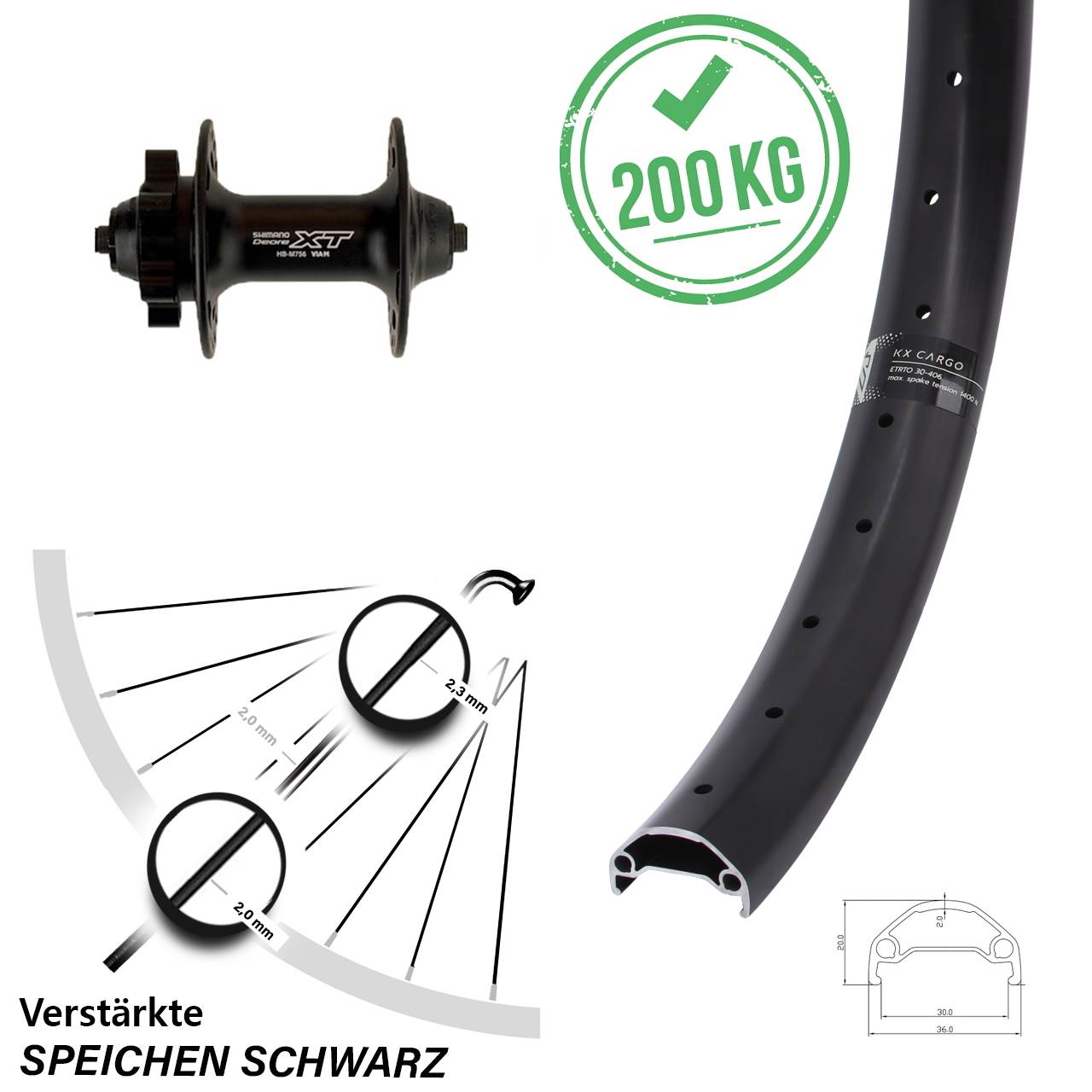 Vorderrad KX Cargo 26 Zoll Disc mit Shimano XT 6-Loch 5x100 mm Lastenrad