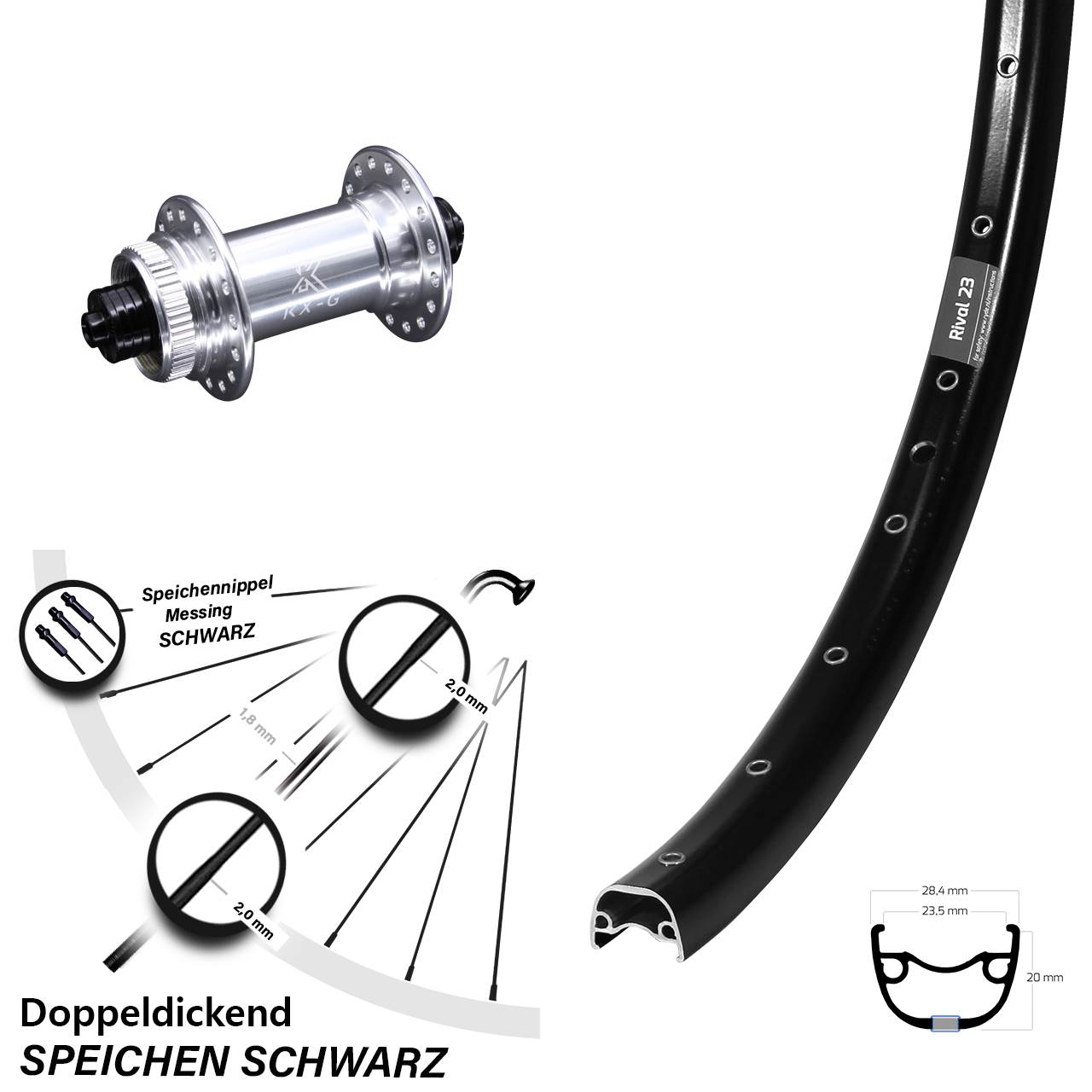 Laufrad 27,5 Zoll Ryde Rival 23 Disc schwarz KX-G Centerlock 5/100 silbern