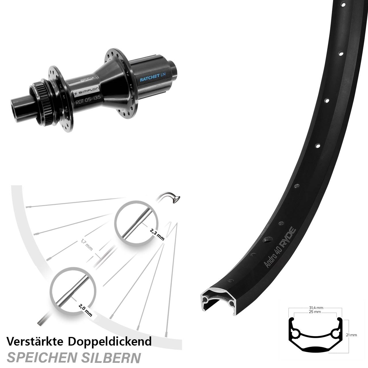 Centerlock Hinterrad 12x142 26 Zoll Ryde Andra 40 Disc DT Swiss 370 Hybrid 8-11 fach