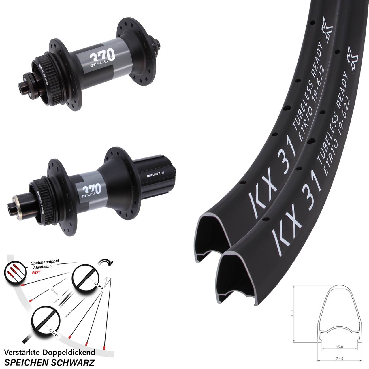 Disc Laufrad-Satz für Schnellspanner 28 Zoll KX 31-370 DT Swiss 370 QR 8-12 fach