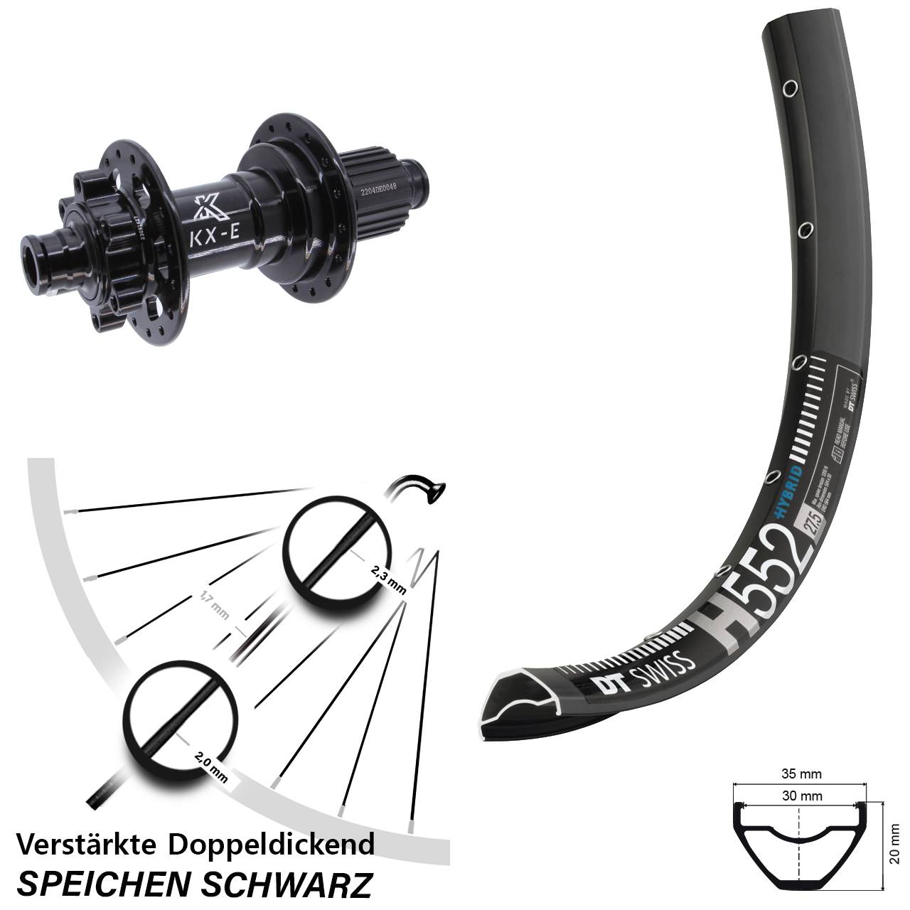 DT Swiss H552 KX-E Heavy Duty 29 Zoll Hinterrad 6-Loch 12x148 Boost Shimano Micro Spline