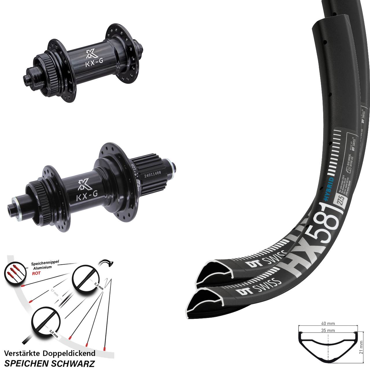27,5 Zoll DT Swiss HX 581 KX-G Disc Laufrad-Satz QR Micro Spline
