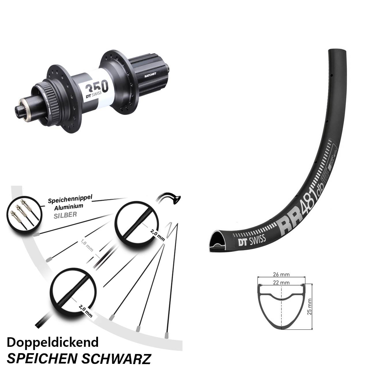 DT Swiss RR 481-350 28 Zoll Hinterrad Centerlock 8-11 fach QR