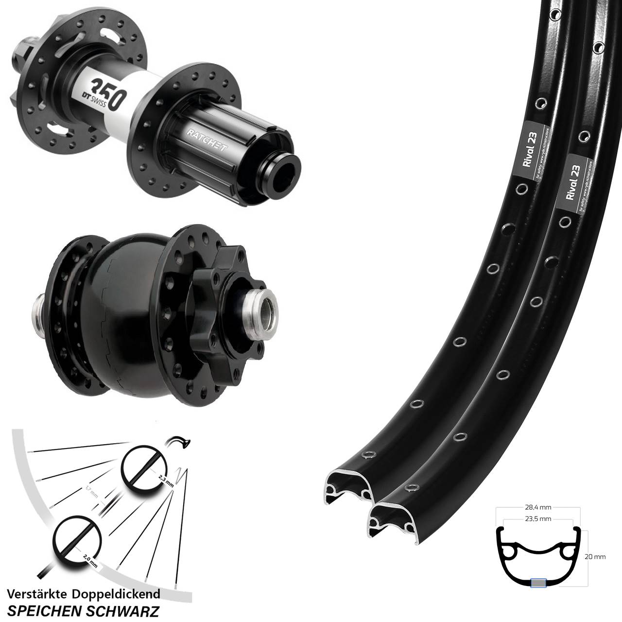 27,5 Zoll Ryde Rival 23 DT Swiss 350 SON 28 Disc Laufradsatz 12x100/142 8-11 fach HG