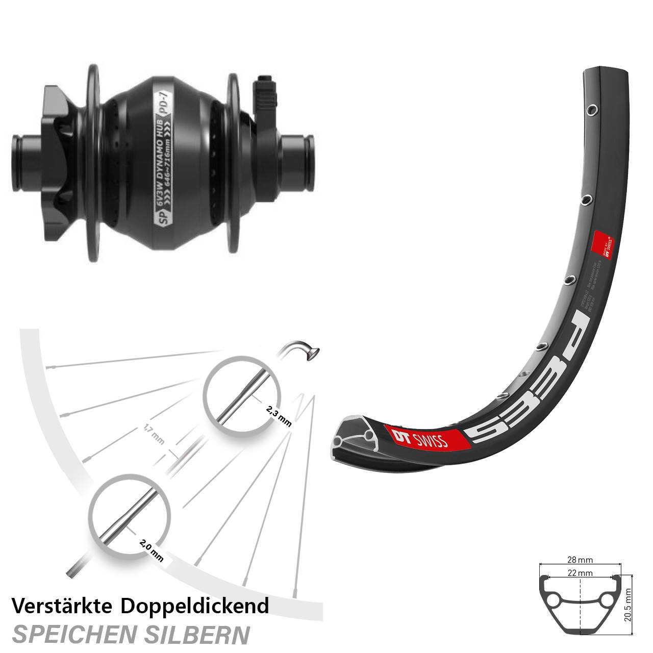 28-29 Zoll Vorderrad mit Nabendynamo DT Swiss 533 D Shutter Precision PD-7 6-Loch