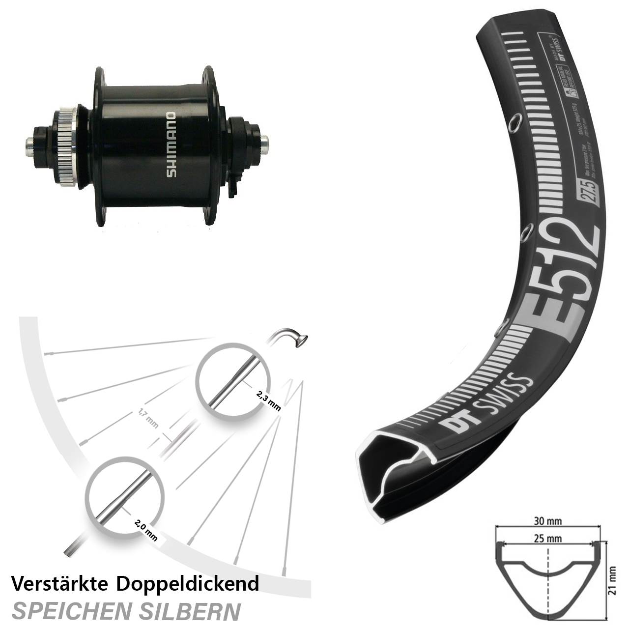 27,5 Zoll DT Swiss E512 Shimano DH-UR700 Disc Nabendynamovorderrad QR