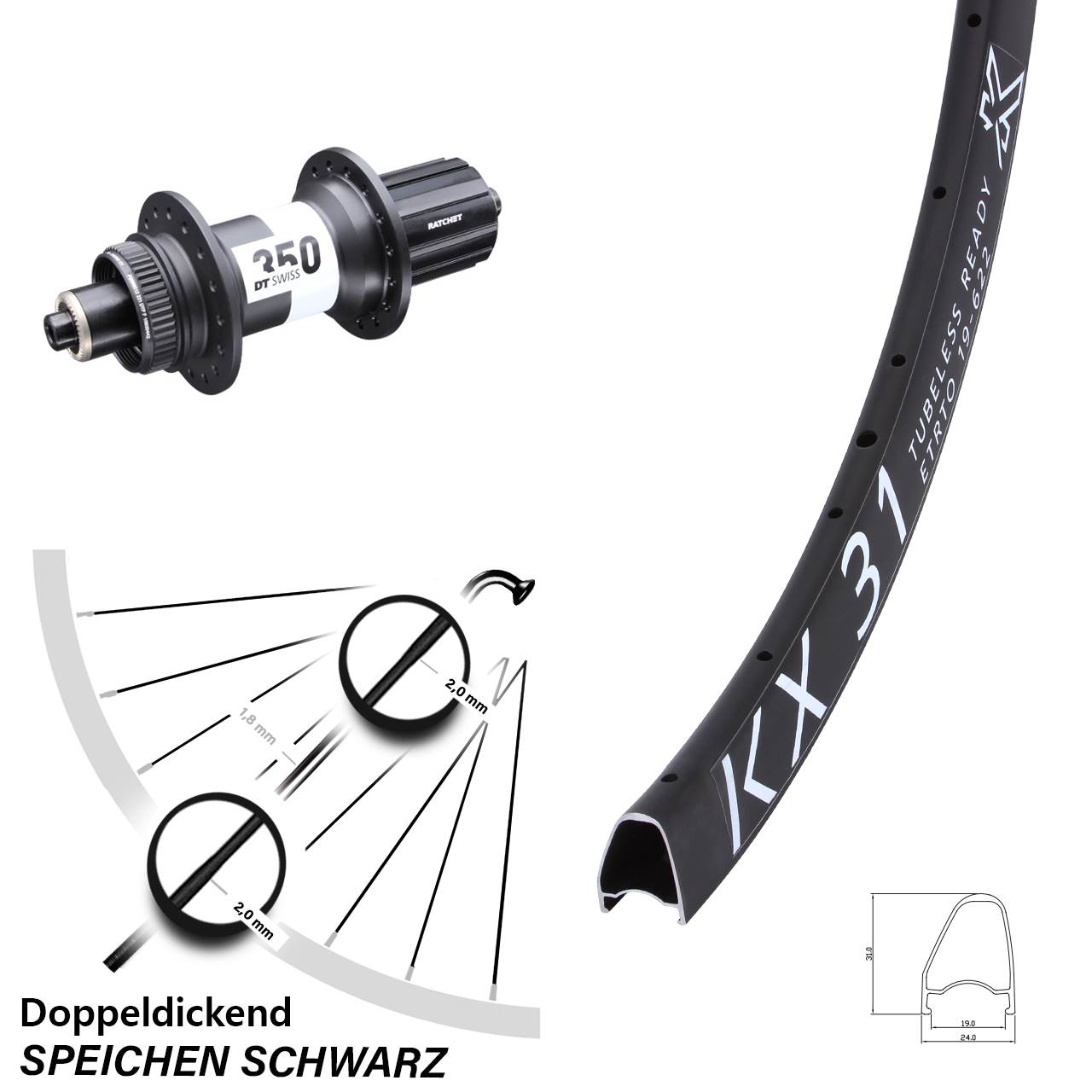 KX31 OS DT Swiss 350 28 Zoll Centerlock Hinterrad QR 11-12 fach