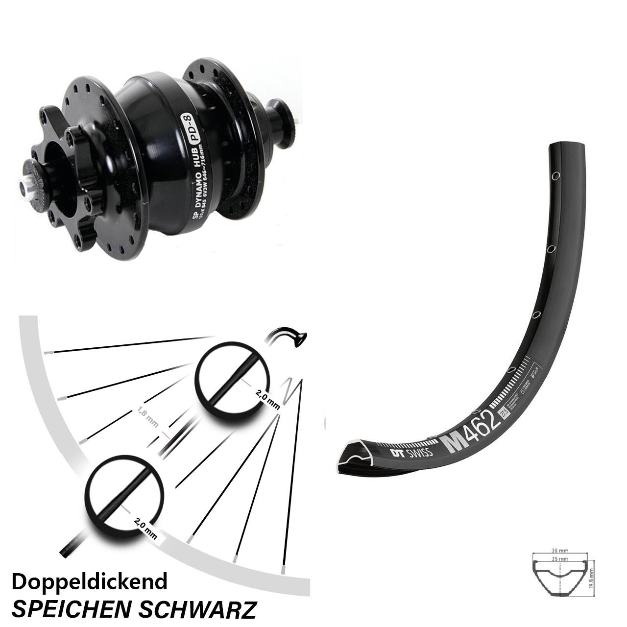 27,5 Zoll DT Swiss M 462 Shutter Precision PD-8 Disc Nabendynamolaufrad für Schnellspanner