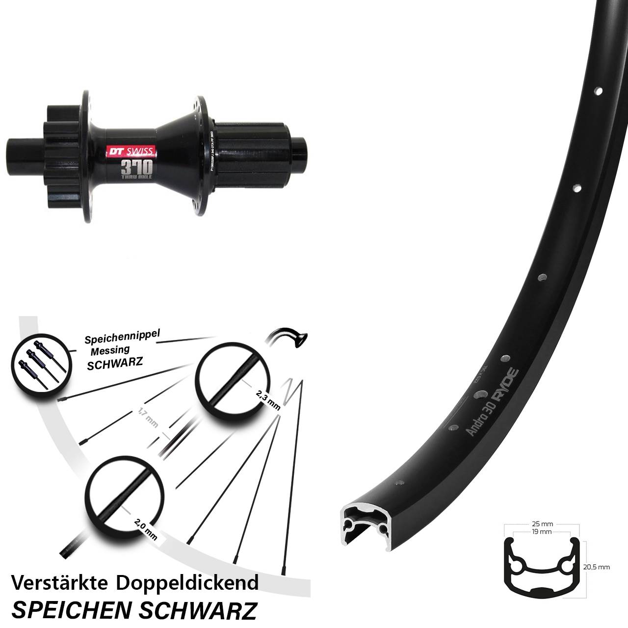 Disc Hinterrad 28-29 Zoll Ryde Andra 30 DT Swiss 370 Hybrid 8-11 fach HG 12x142