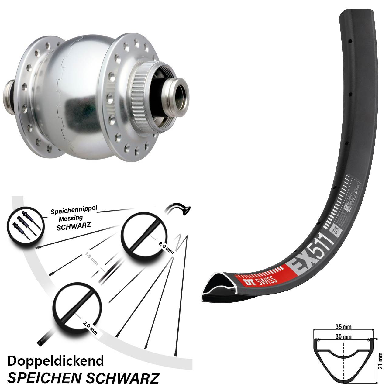 27,5 Zoll DT Swiss EX 511 SONdelux Disc Nabendynamovorderrad 12x100