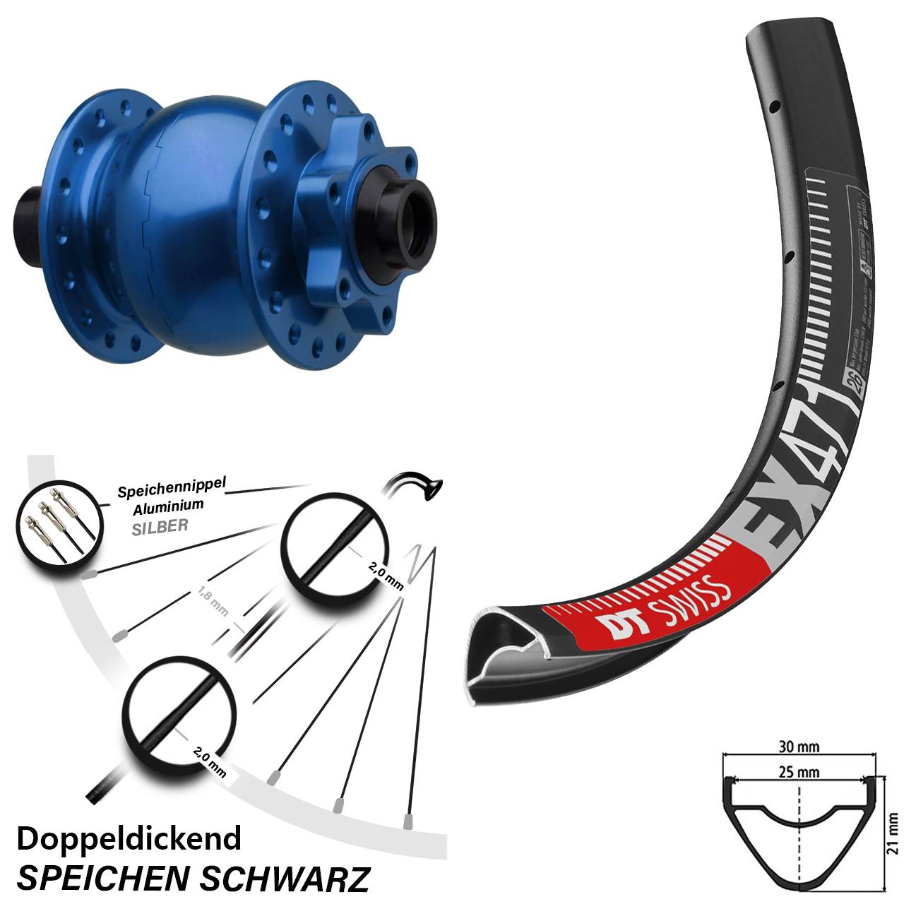 Nabendynamovorderrad 6-Loch 26 Zoll DT Swiss EX 471 SON 28 blau 15x110 Boost