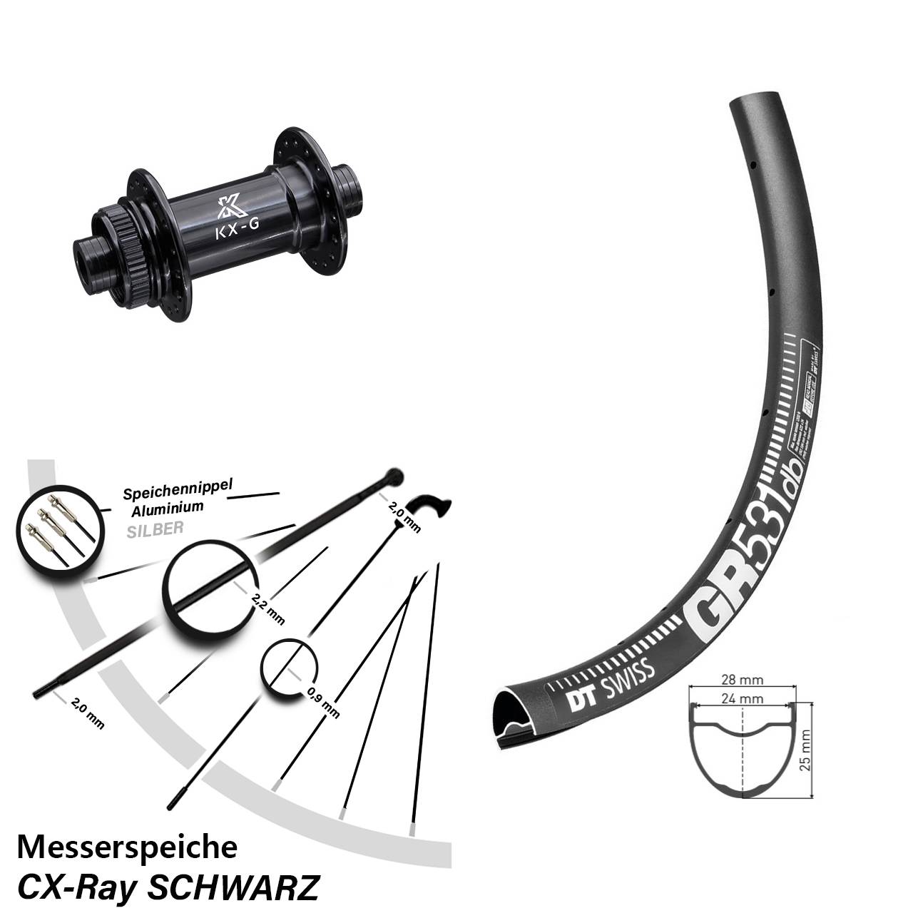 Vorderrad 28 Zoll DT Swiss GR531 Centerlock KX-G 12x100 mm Sapim CX-Ray