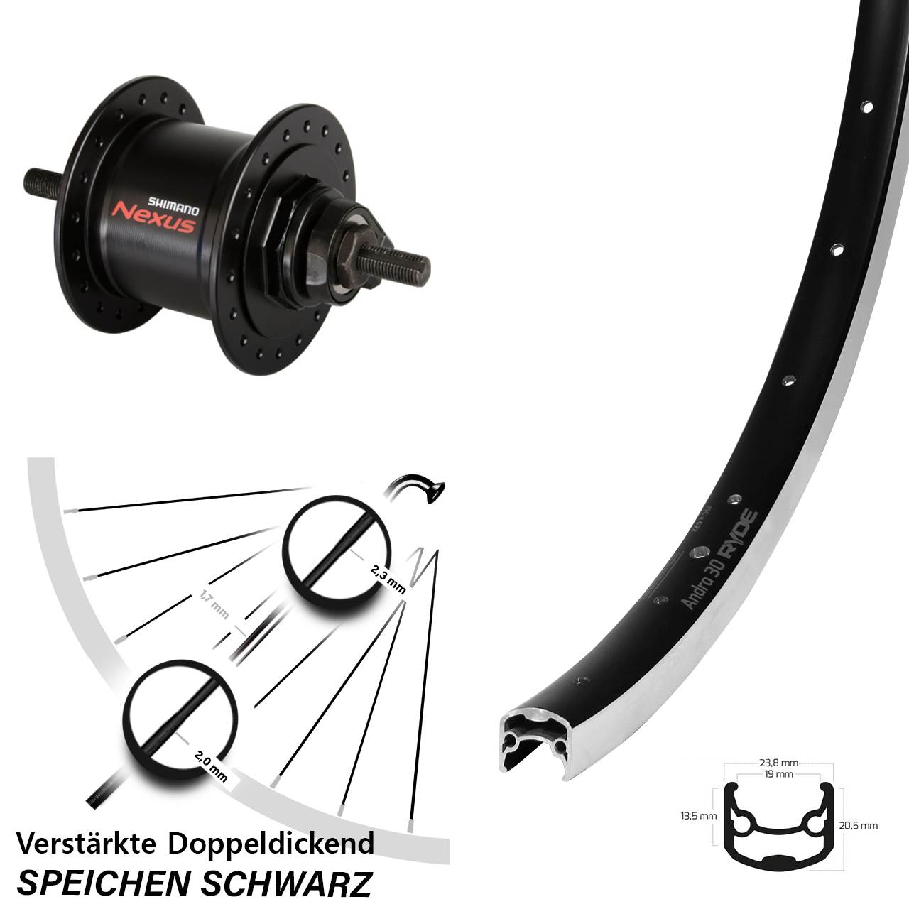 Ryde Andra 30 Shimano Nexus DH-C3000-1N 26 Zoll Laufrad mit Nabendynamo Vollachse