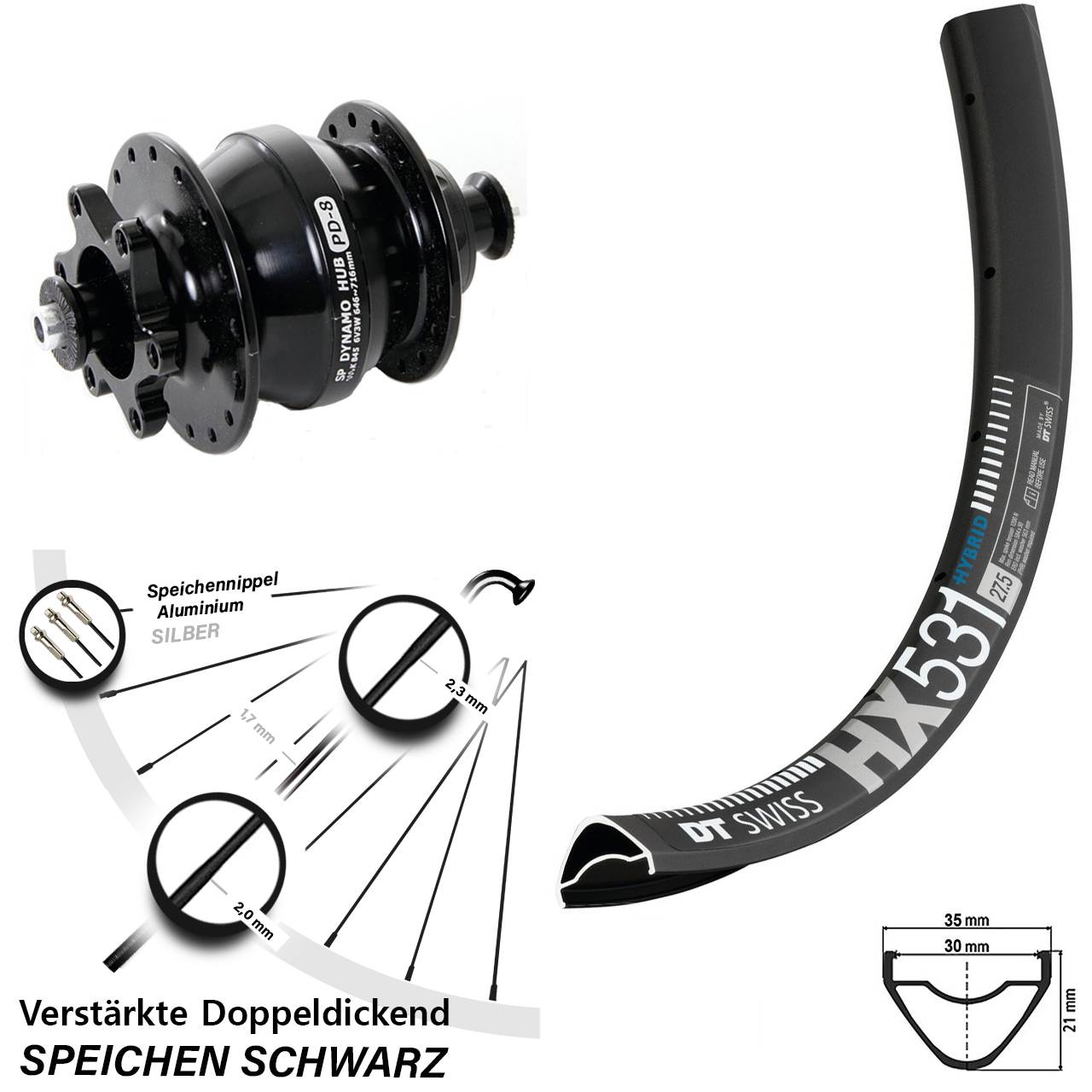 Vorderrad mit Nabendynamo Shutter Precision PD-8 DT Swiss HX531 29 Zoll