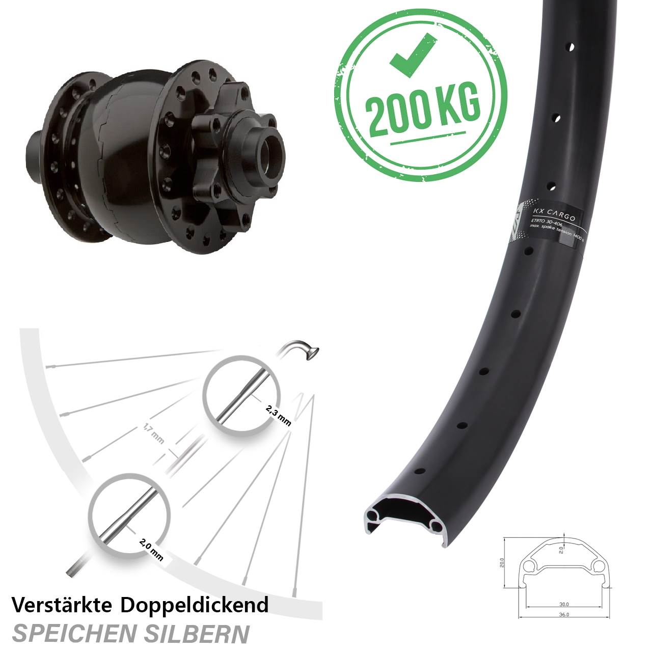 Nabendynamo 20 Zoll KX Cargo Vorderrad Transportrad Felge 30 mm breit Son 28