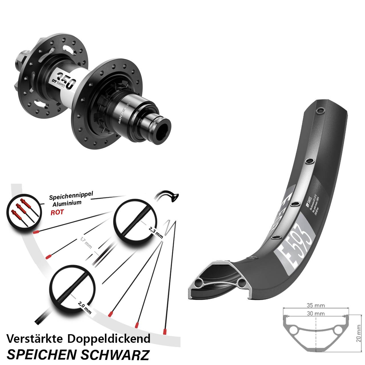 Hinterrad 6-Loch 12x148 27,5 Zoll DT Swiss E 593-350 DEG 72 SRAM XD