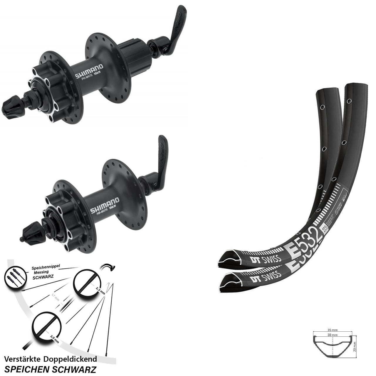 DT Swiss E532 Shimano HB-M475 FH-M475 29 Zoll Disc Laufradsatz QR 8-11 fach