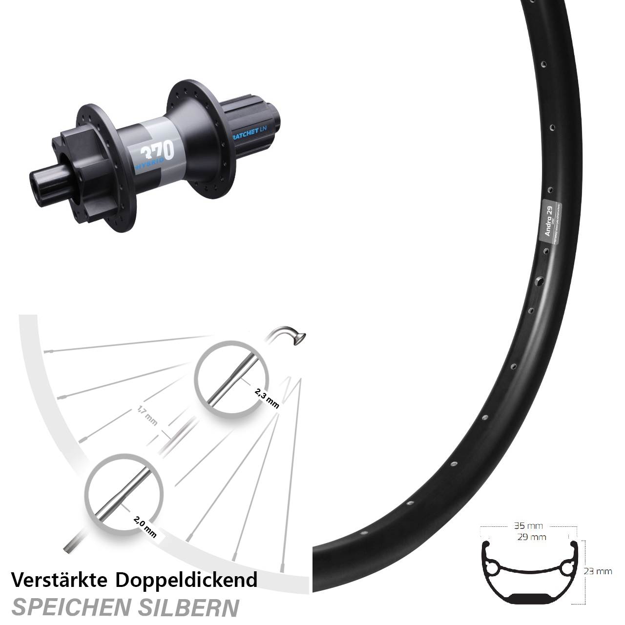 Ryde Andra 29 DT Swiss Hybrid 370 20 Zoll Disc Laufrad 12x148 Boost 8-11 fach