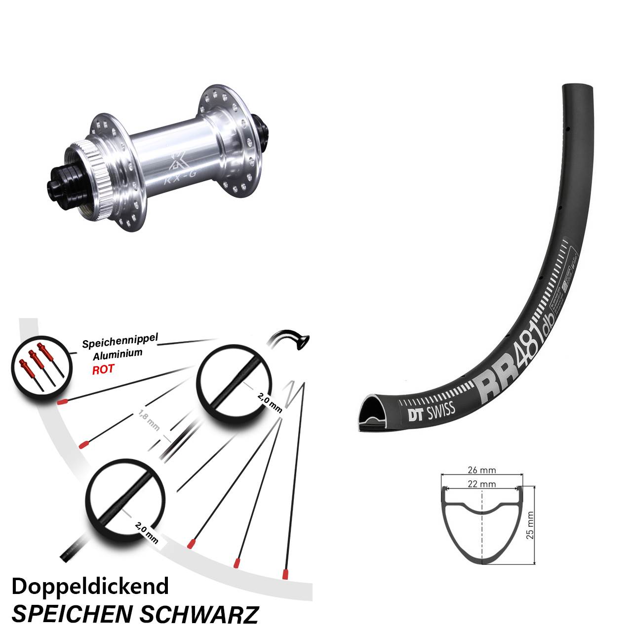 28 Zoll Vorderrad DT Swiss RR 481 KX-G silbern Schnellspanner 5x100 mm