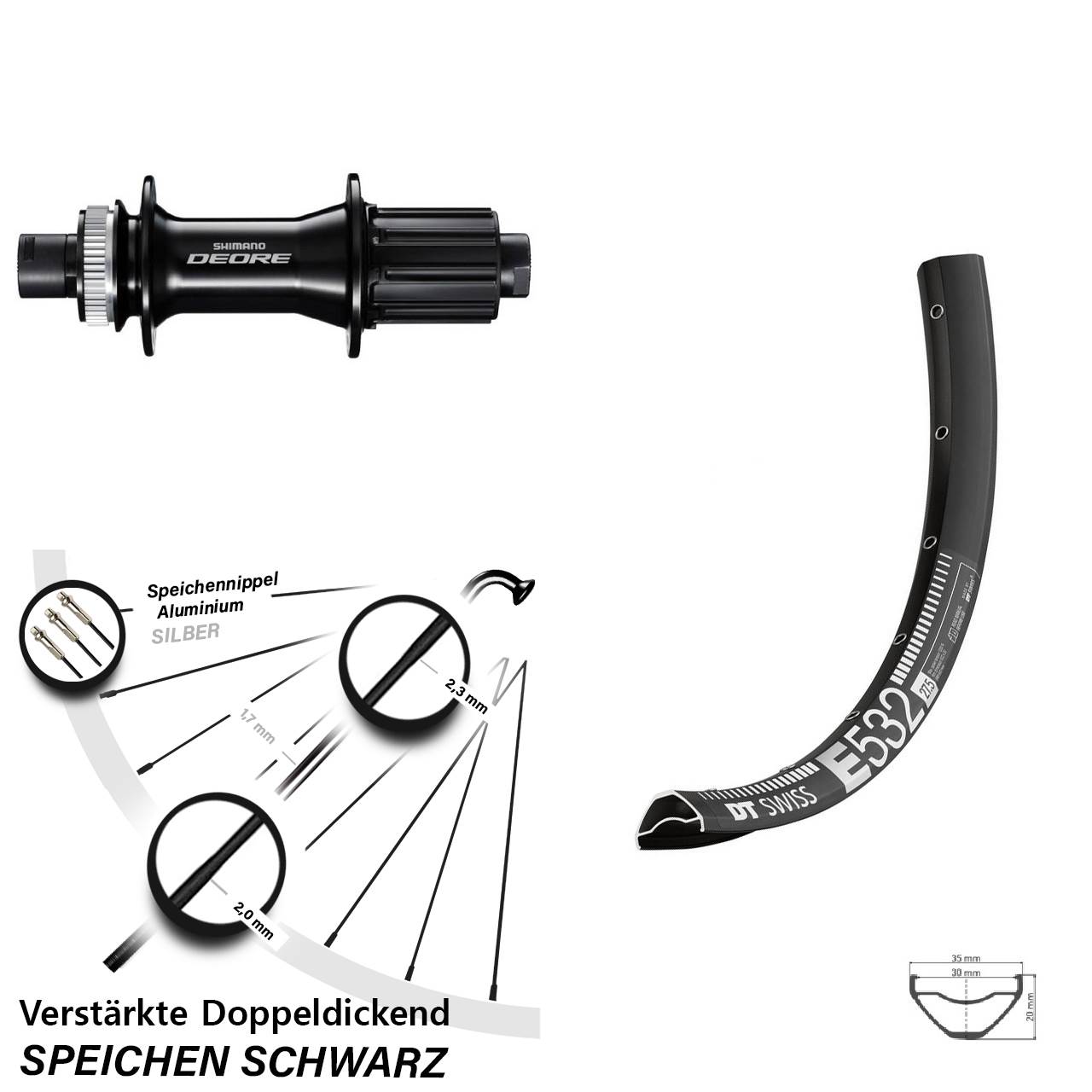 29 Zoll DT Swiss E 532 Shimano Deore Disc Laufrad 12x148 8-11 fach HG